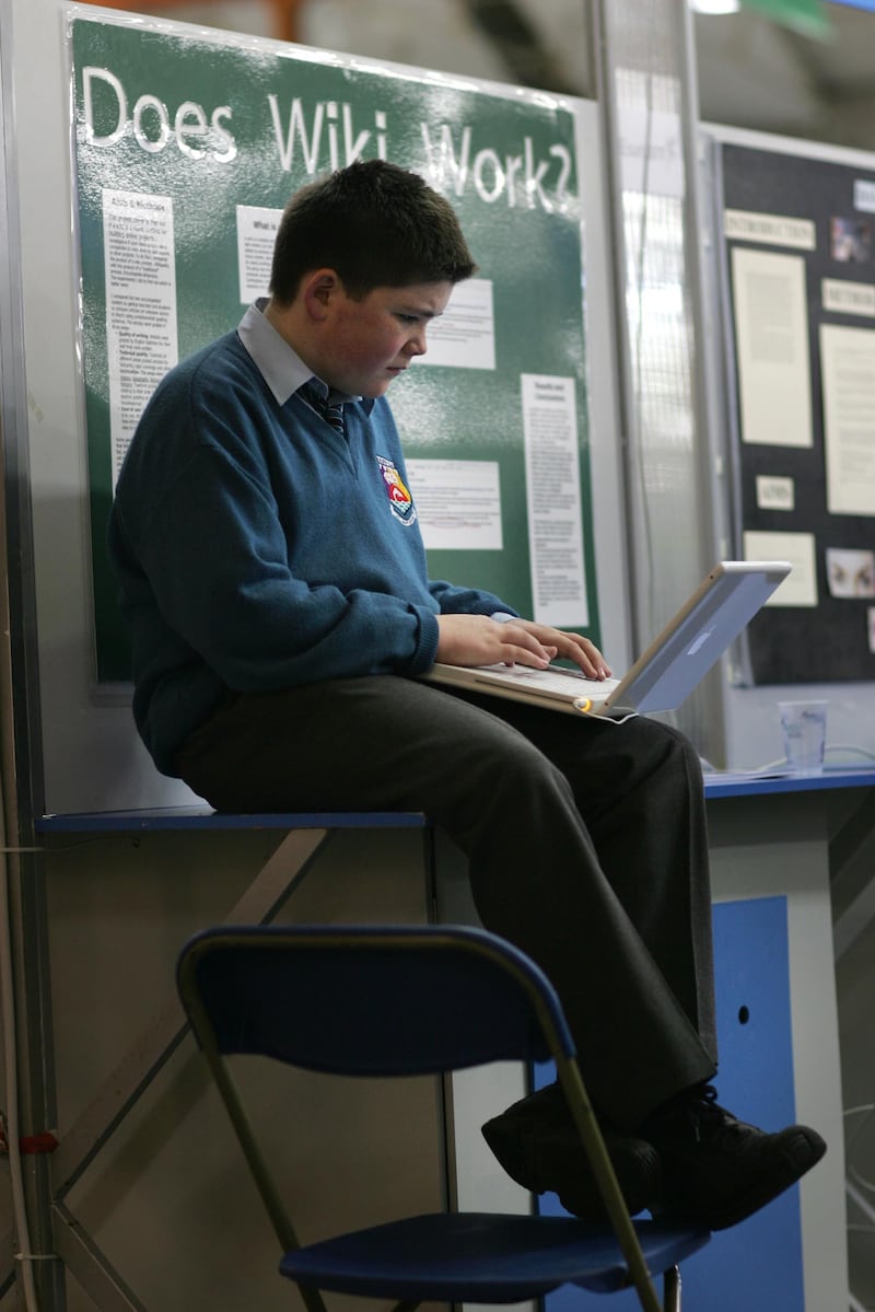 John Collison with his project on building an online encyclopedia at the Young Scientist and Technology Exhibition at the RDS in Dublin in 2005. Photograph: Frank Miller