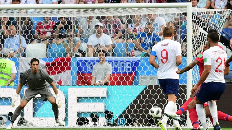 A shot from Ruben Loftus-Cheek takes a deflection on its way in for England’s sixth goal against Panama in the Group G  match  at the Nizhny Novgorod Stadium. Photograph: Martin Bernetti/AFP/Getty Images