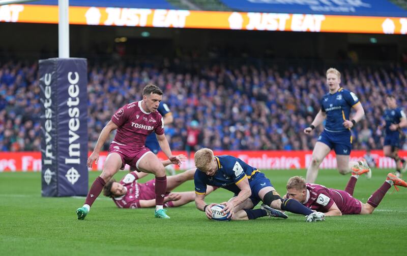 Tommy O'Brien scores a try for Leinster against Sale. Photograph: Niall Carson/PA