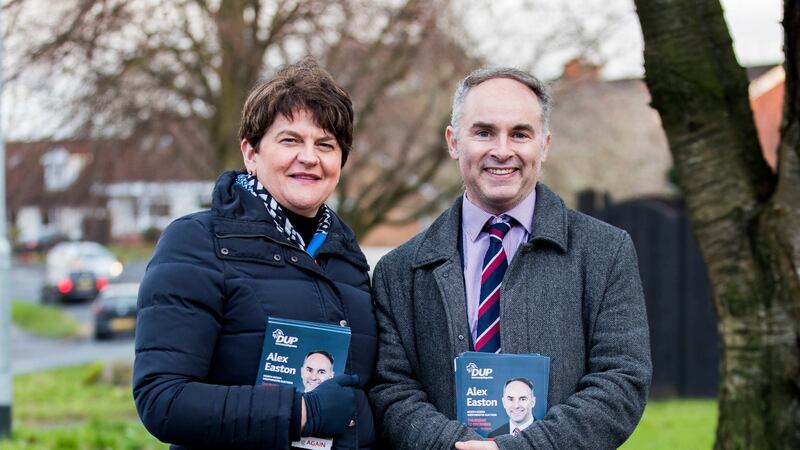 DUP leader Arlene Foster canvassing with Alex Easton, the party’s candidate for North Down. Photograph: Liam McBurney/PA Wire