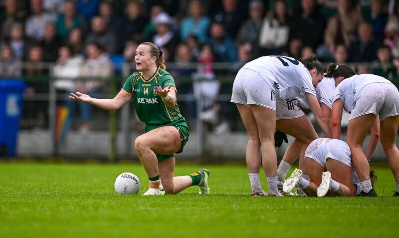 Vikki Wall of Meath appeals to the referee before being shown a yellow card during her team's victory against Kildare. Photograph: Ray McManus/Sportsfile