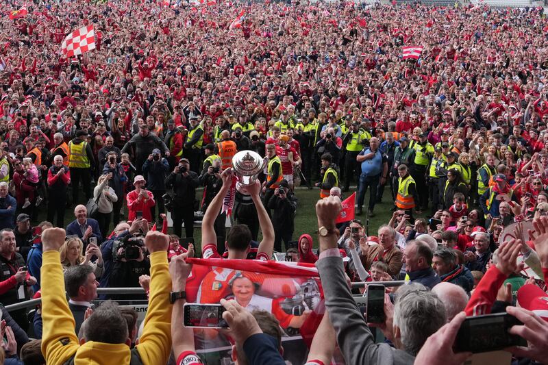 Allianz Hurling League Division 1A Final, Cork vs Tipperary, where the Rebel County's 
Robert Downey lifts the trophy. Photograph: James Lawlor/Inpho 