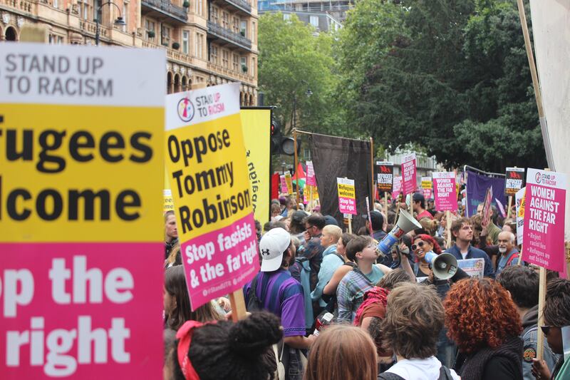 Demonstrators take part in the March Against Fascism, organised by Stand Up To Racism, in central London on Saturday. Photograph: Pol Allingham/PA Wire 
