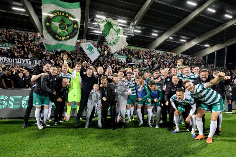Shamrock Rovers players and fans celebrate in Tallaght Stadium on Thursday after the team saw out a 2-1 aggregate victory against Santa Clara in the Uefa Conference League. Photograph: Bryan Keane/Inpho