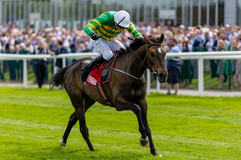 Derek O’Connor on It’s On The Line wins The Event Power Champion Hunters Steeplechase at Punchestown in May 2025. Photograph: Morgan Treacy/Inpho