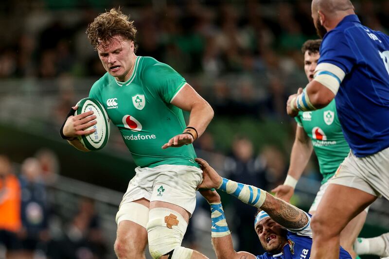 Ireland's Cian Prendergast carries during the Nations Series Ireland v Italy match at the Aviva Stadium, Dublin on August 5th. Photograph: Ben Brady/Inpho