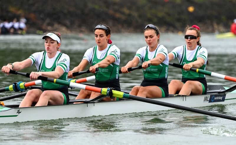 Ireland’s Aifric Keogh, Eimear Lambe, Fiona Murtagh and Emily Hegarty on their way to qualifying for the semi-final at the World Rowing Championships, Račice, Czech Republic in 2022. 
