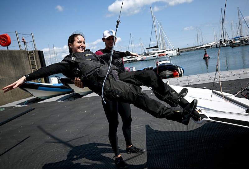 Pictured at an event to mark the renewal of Flogas Ireland’s official partnership with Team Ireland are Irish Times journalist Muireann Duffy and Irish Olympic sailor Robert Dickson in Dún Laoghaire, Photograph: Seb Daly/Sportsfile