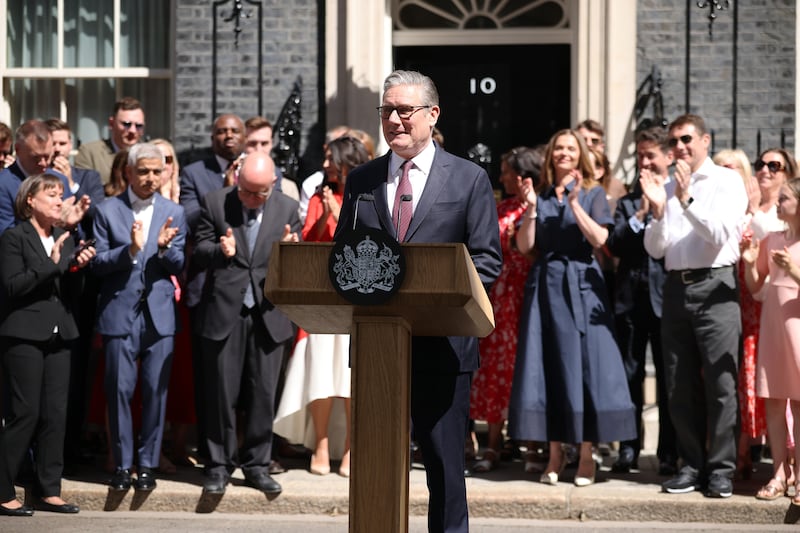 Keir Starmer delivers a farewell speech after standing down as prime minister. Photograph: Dan Kitwood/Getty Images
