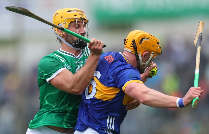 Limerick’s Tom Morrissey and Ronan Maher of Tipperary at Semple Stadium on April 20th, 2025. Photograph: James Crombie/Inpho