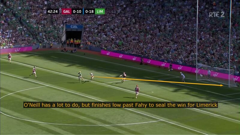 After receiving the pass from Aaron Gillane, Cathal O'Neill finished brilliantly to the net.