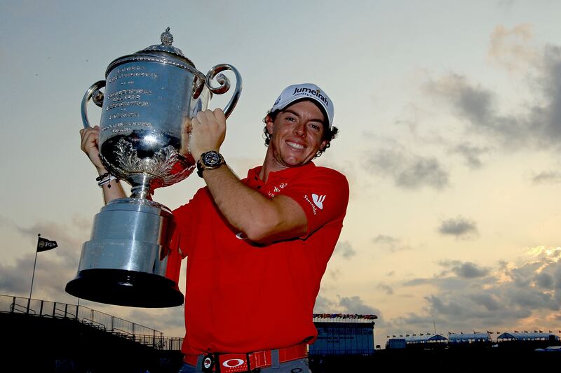 Rory McIlroy lifts the famed Wanamaker Trophy after his victory by eight strokes in the 2012 PGA Championship at Kiawah Island, South Carolina. Photograph: David Cannon/Getty Images