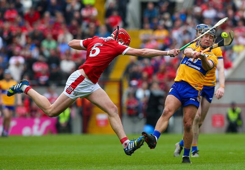 Clare’s David Reidy (right) will be a hard player for Cork to pin down. Photograph: Ken Sutton/Inpho