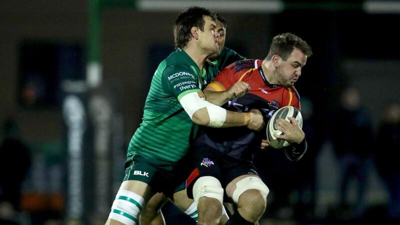 Connacht’s Quinn Roux tackles Jerry Sexton of the Southern Kings during a Guinness Pro 14 game at the  Sportsground in Galway in November 2019. Photograph: Bryan Keane/Inpho