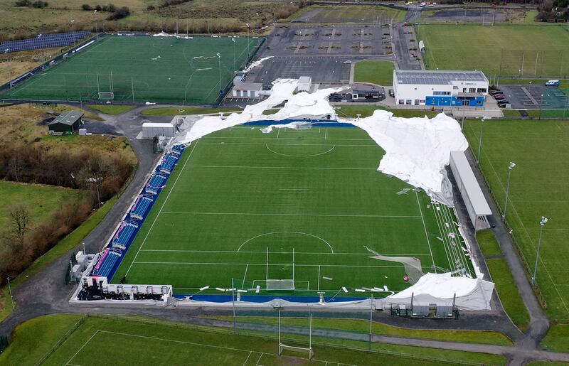 Damage to Connacht GAA Air Dome after Storm Éowyn. Photograph: James Crombie/Inpho