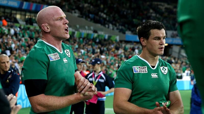 Paul O’Connell and Johnny Sexton during Ireland’s  2015 Rugby World Cup  game against Italy at the  Olympic Stadium in London. Photograph: Dan Sheridan/Inpho