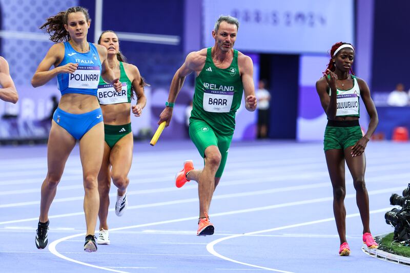 Ireland’s Thomas Barr in action during the 4x400m Mixed Relay heats. Photograph: Morgan Treacy/Inpho
