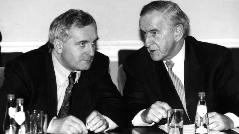 Bertie Ahern and Albert Reynolds pictured in November 1994 as the Reynolds era in Fianna Fáil came to and end and Ahern prepared to assume the leadership of the party.  Photograph: Alan Betson/The Irish Times.