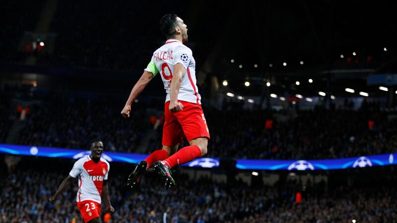 Monaco’s Radamel Falcao celebrates scoring their first goal during the  Uefa Champions League round of 16 first-leg against Manchester City at  Etihad Stadium. Photograph: Phil Noble/Reuters/Livepic