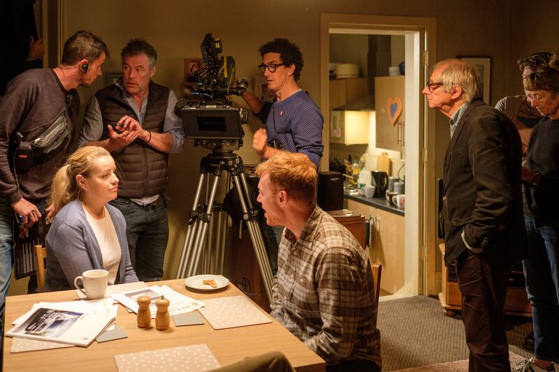 Behind the scenes: Robbie Ryan on the set of the 2019 film Sorry We Missed You, directed by Ken Loach, right