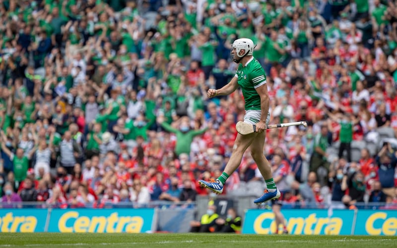 Aaron Gillane celebrating after Limerick came out emphatically on top in the 2021 All-Ireland Hurling Final against Cork. Photograph: Tom Honan