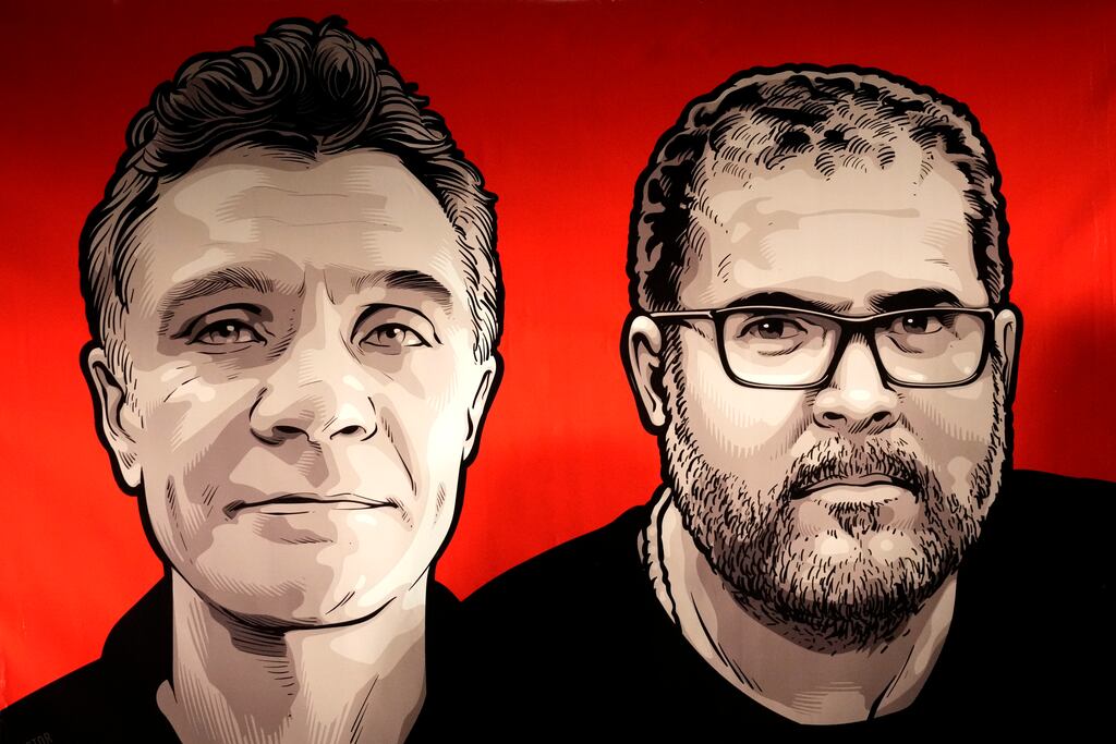 Images of British journalist Dom Phillips, left, and Indigenous affairs expert Bruno Araujo Pereira (Eraldo Peres/AP)