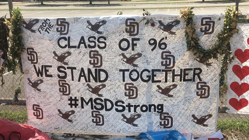 A banner hangs outside Marjory Stoneman Douglas High School in Parkland, Florida, where 17 people were shot dead on Februarty 14th. Photograph: Suzanne Lynch