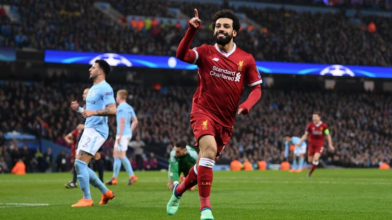 Mohamed Salah after scoring Liverpool’s first goal of their Champions League quarter-final against Manchester City at the Etihad Stadium in 2018. Photograph: Laurence Griffiths/Getty Images