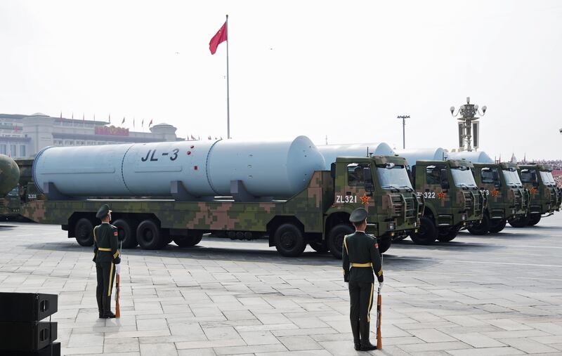 JL-3 intercontinental-range submarine-launched ballistic missiles were also on show during the parade. Photograph: Andres Martinez Casares/ EPA