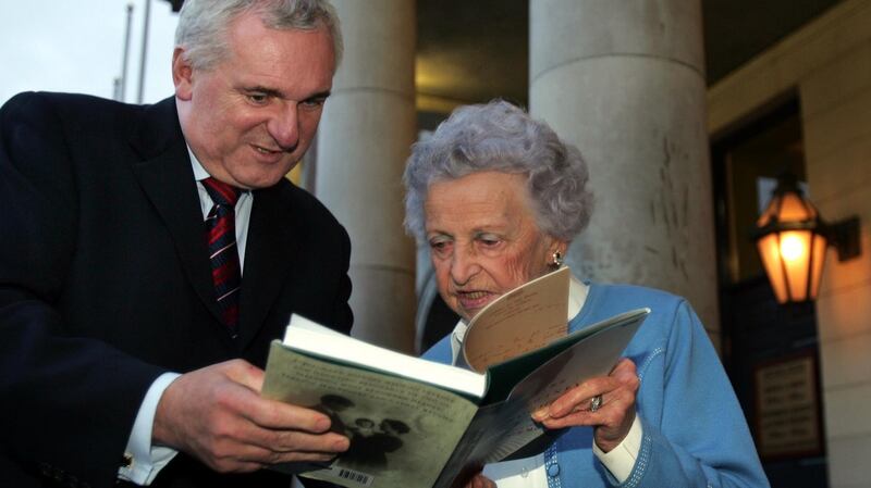 A file image of Máire McSwiney with then taoiseach with Bertie Ahern at the  launch of her memoir History’s Daughter. Photograph: Eric Luke/The Irish Times.