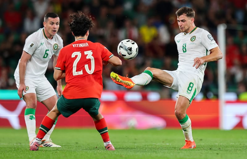 Jayson Molumby (right) delivered a tireless performance for Ireland against Portugal.
Photograph: Ryan Byrne/Inpho