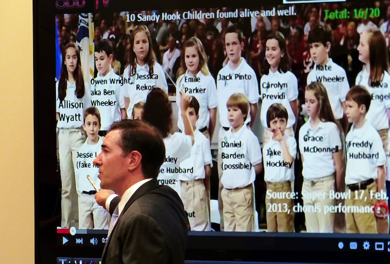 Chris Mattei, attorney for the Sandy Hook families, points to a photo that falsely claims the victims of the school shooting were all alive. Photograph:Christian Abraham/Hearst Connecticut Media via AP/PA