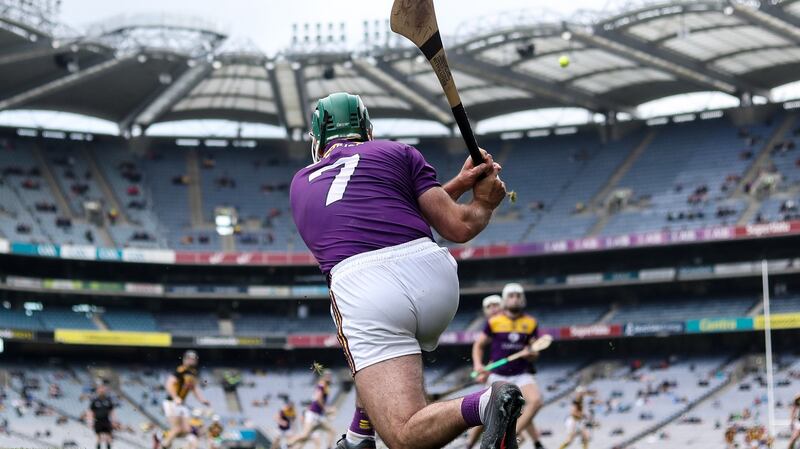 Shaun Murphy takes a free for Wexford during his side’s defeat to Kilkenny. Photograph: Tommy Dickson/Inpho