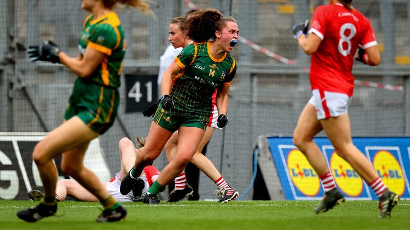 Emma Duggan celebrates scoring a late goal to force extra-time in the TG4 All-Ireland  semi-final against Cork at Croke Park. Photograph: Ryan Byrne/Inpho