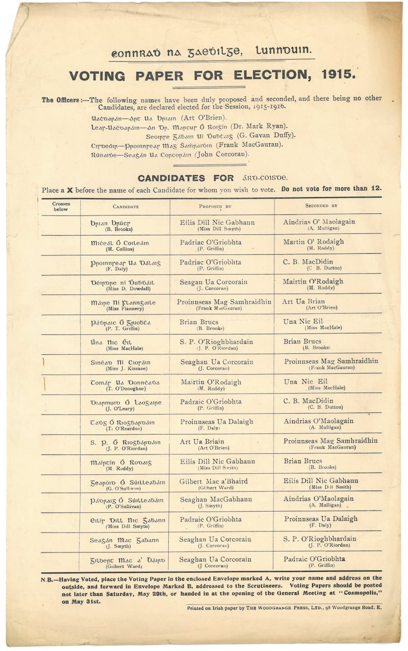 Conradh na Gaeilge archive: the ballot paper on which Michael Collins is a candidate