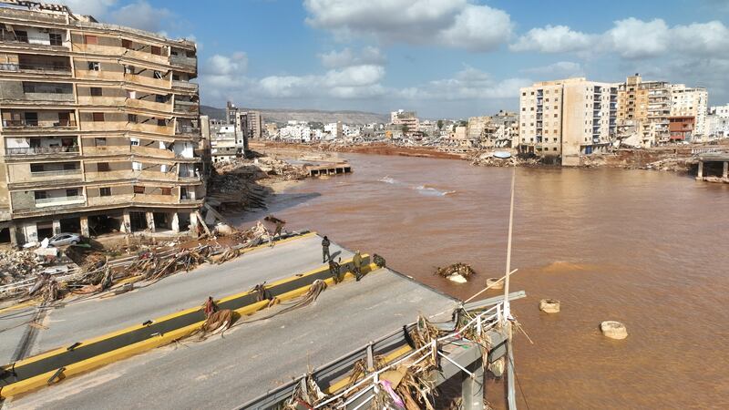 A collapses motorway and bridge in Derna. Photograph: Jamal Alkomaty/AP