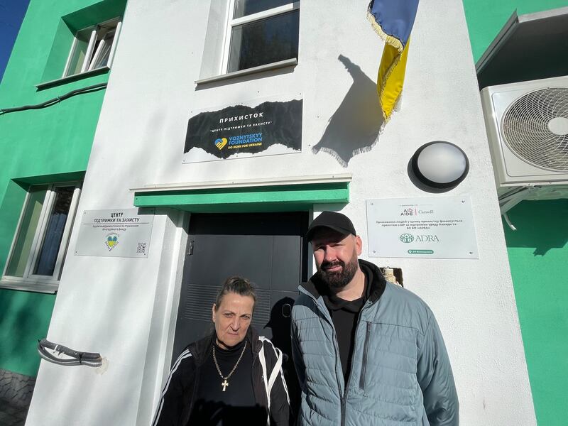 Andriy Khozhev and Raisa Ilchyk at the Centre for Support and Protection shelter in Lviv in western Ukraine. Both are from the Donetsk region of eastern Ukraine. Khozhev runs the shelter and Ilchyk lives there along with other people displaced by Russia's invasion. Photograph: Daniel McLaughlin