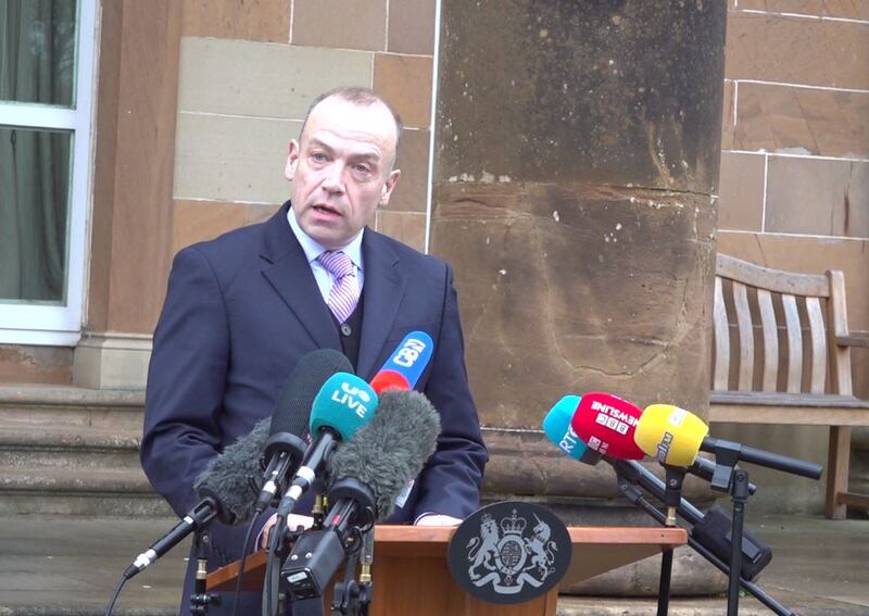 Northern Ireland Secretary of State Chris Heaton-Harris speaks to media at Hillsborough Castle ahead of talks with the main political parties. Photograph: David Young/PA Wire