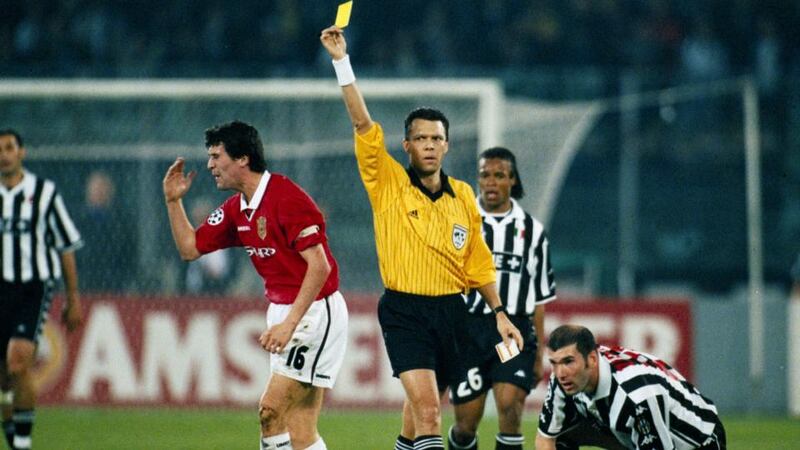 Roy Keane reacts after receiving the yellow card that would keep him out of the final. Photo: Getty Images