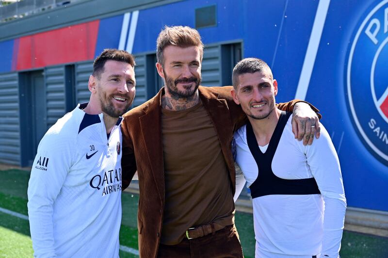 Leo Messi, David Beckham and Marco Verratti pose after a Paris Saint-Germain training session in Paris earlier this year. Photograph: Aurelien Meunier/PSG via Getty Images