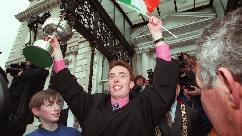 Doherty with the trophy outside the Mansion House. Photo: Matt Browne/Inpho
