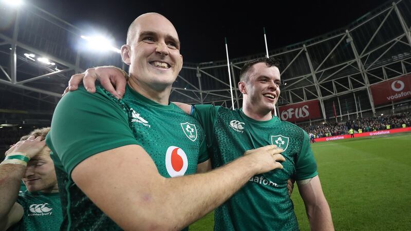 Ireland’s Devin Toner and James Ryan  celebrate beating the All Blacks. Photograph:  Billy Stickland/Inpho