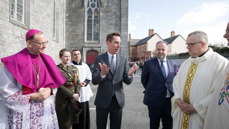 Ryan Tubridy chats to Bishop Fintan Monahan, Taoiseach’s aide-de-camp Comdt Caroline Burke, John McMahon, Late Late Show, and Fr Tom Ryan at the Mass of Remembrance and Celebration for Laura Brennan at Ennis Cathedral on Wednesday. Photograph: Eamon Ward