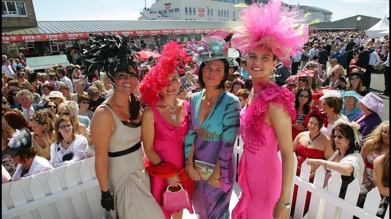 Paula O’Neill from  Cork, Karen Reynolds and Philo Reynolds from Sligo and Elaine Mooney from Cork, at the Galway Races Ladies Day. See, you can enjoy the circus of it without putting your head into the lion’s mouth. File photograph: Brenda Fitzsimons