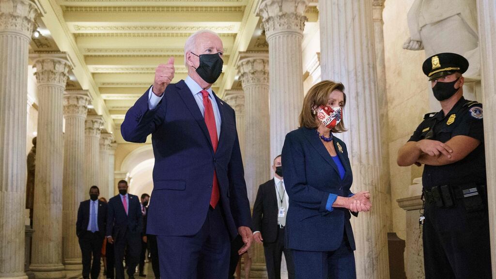 US president Joe Biden with Speaker of the House Nancy Pelosi upon departing the US Capitol after a caucus meeting in Washington, DC. Photograph: Mandel Ngan/AFP via Getty Images