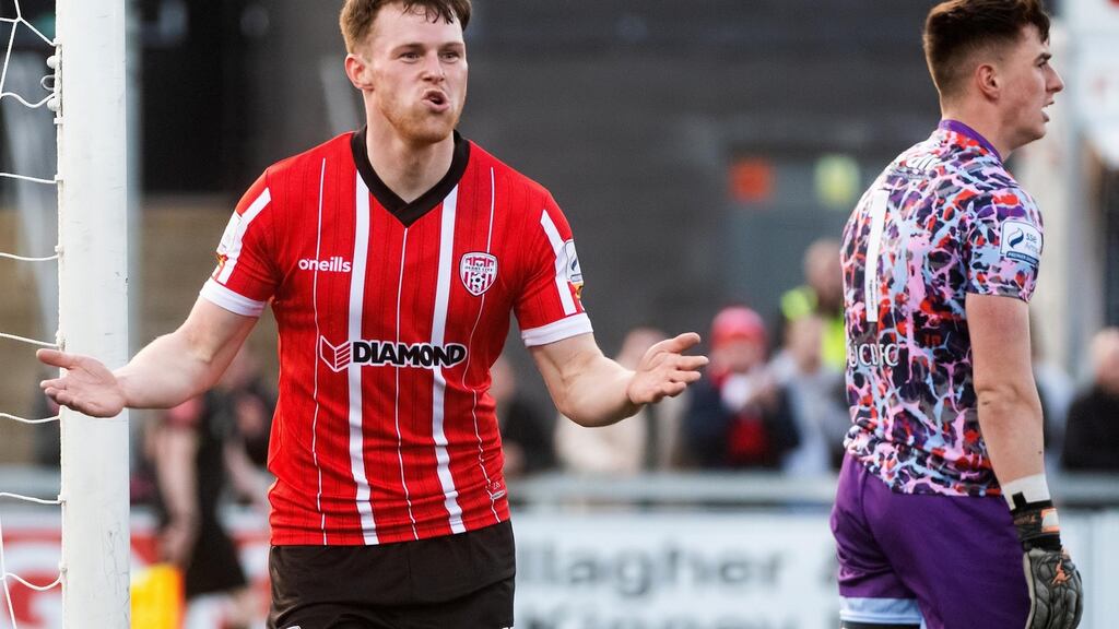 Derry City’s Cameron McJannet celebrates his goal against UCD. Photograph: Evan Logan/Inpho