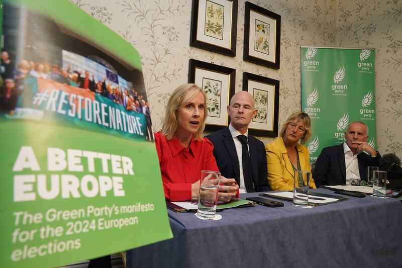 Green Party members, from left; Senator Pauline O'Reilly, director of elections Ossian Smyth, Grace O'Sullivan MEP and Ciaran Cuffe MEP at the launch of its European election campaign in Dublin on May 24th. Photograph: Brian Lawless/PA Wire