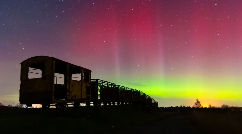 The northern lights at the Skytrain in Lough Boora, Co Offaly. Photograph: Tom O'Hanlon 
