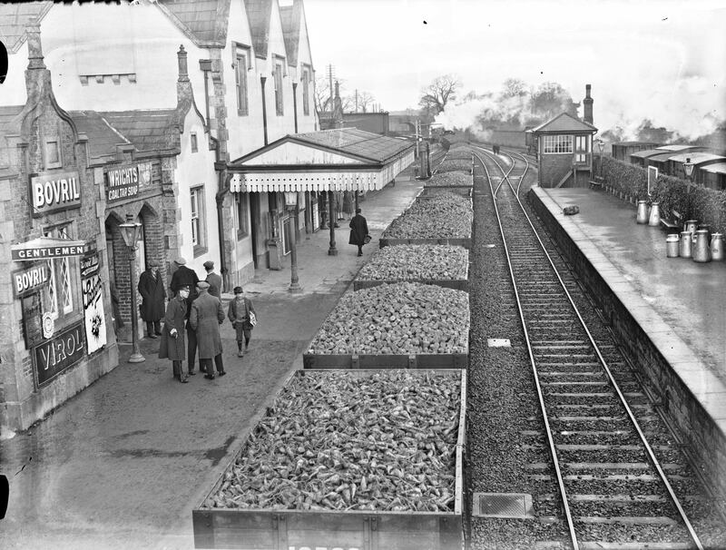 Freight cars of sugar beet at Carlow railway station, 1926. Photograph: National Library of Ireland