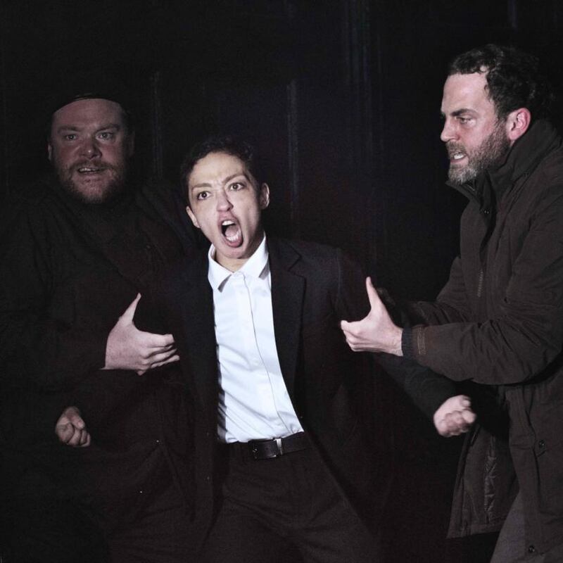 Ruth Negga as Hamlet in the Gate Theatre roduction,  shown with Peter Gaynor and Mark Huberman.